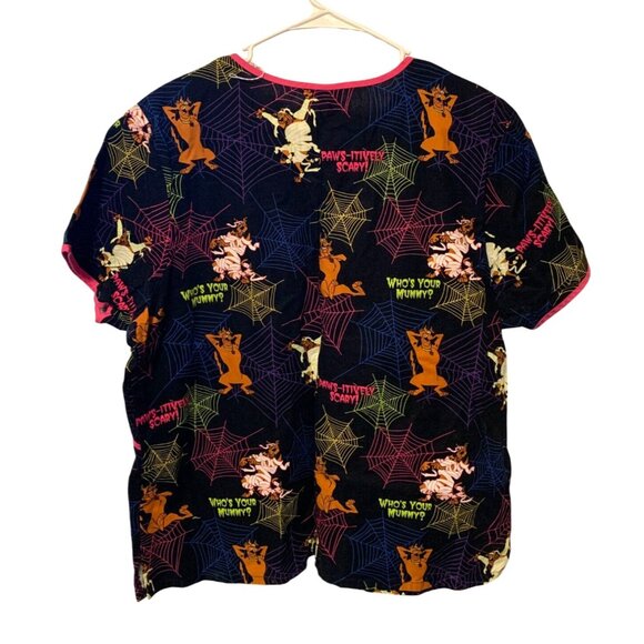 Scooby Doo Womens Size XL Scrub Top Shirt Halloween Spider Spooky Web Black Pink - Picture 4 of 4